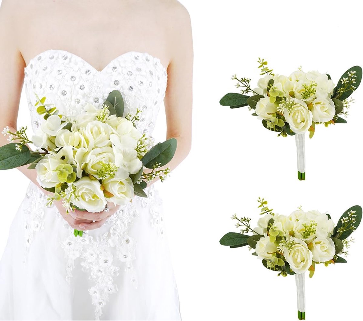 Bruidsmeisje Boeketten - Kunstbloemen Decoratie - Feestelijke Aankleding - Set van Twee - 25x25x25mm - Ivoor Wit