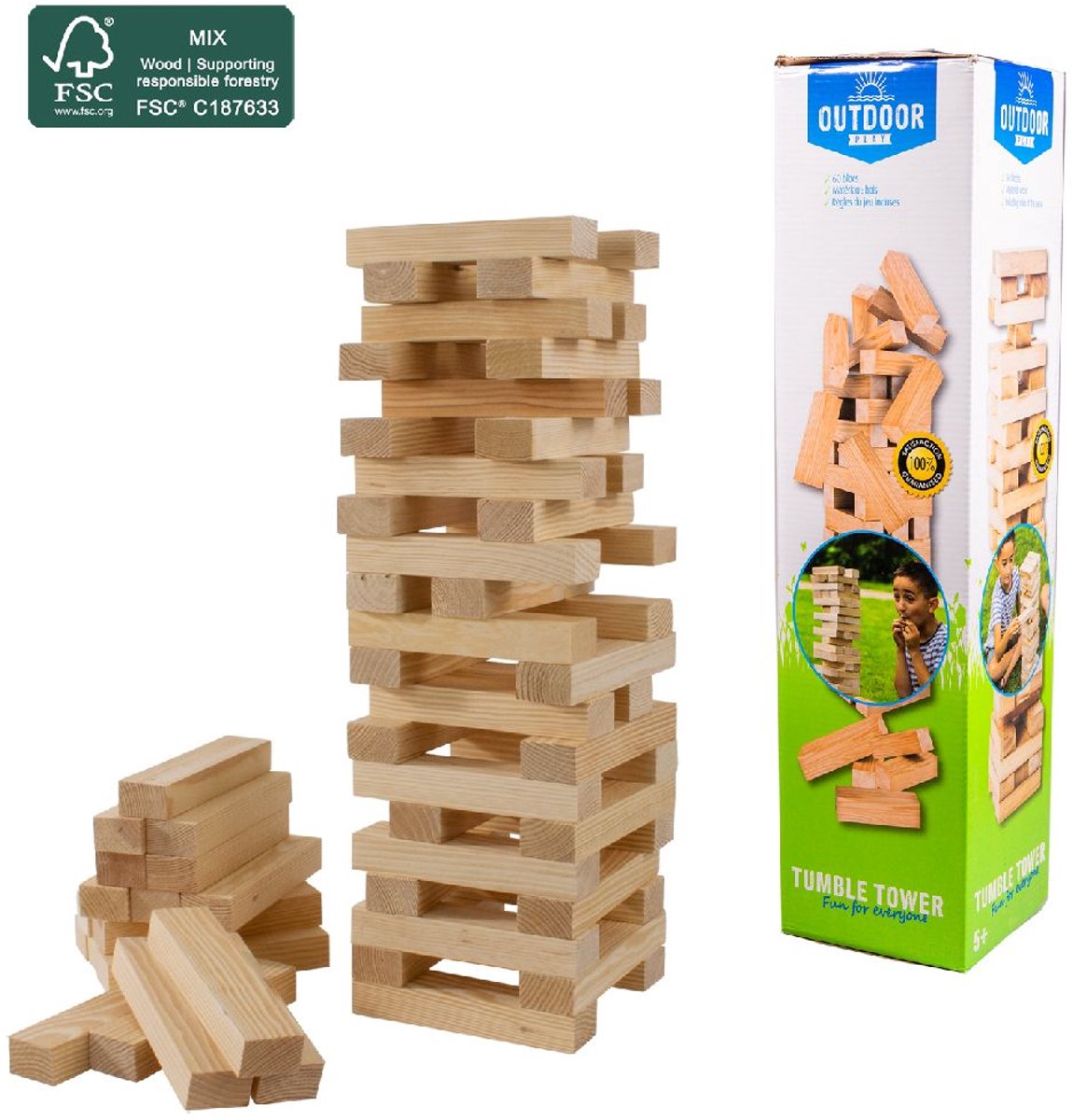 Outdoor Play stapeltoren houten spel met draagtas FSC gecertificeerd.