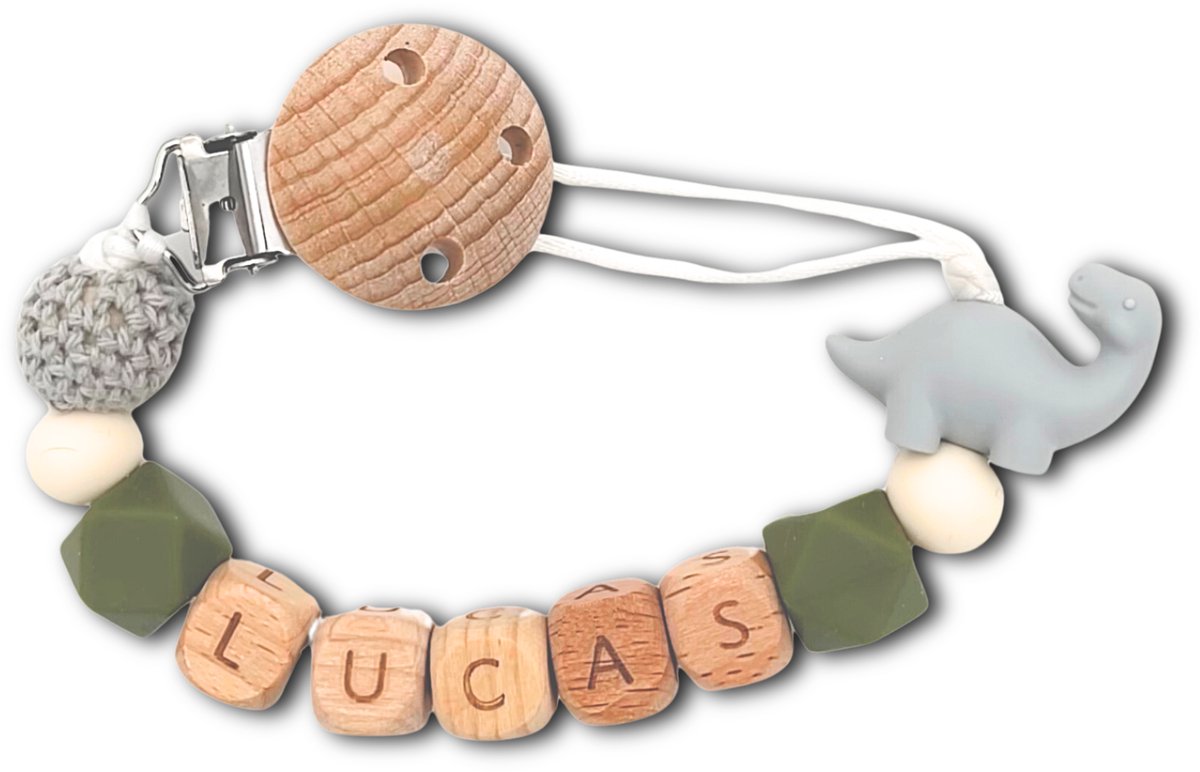 Speenkoord met naam - Dino | Personaliseer - Groen - Kraamcadeau - Speenketting - Babycadeau - Babyshower