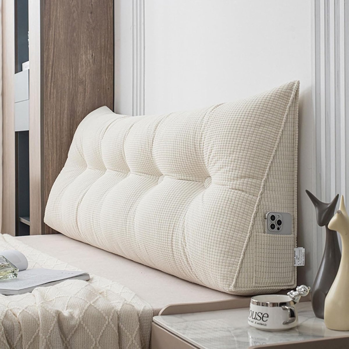 Hoofdbordkussen Bank - Leeskussen Rugsteun - Ontspannen Lezen - Driehoekige Vorm - 60x50x20cm - Beige