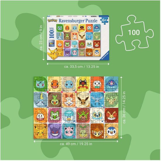 De Ravensburger Pokémon Gezichten XXL 100 stukjes puzzeldoos en de voltooide puzzel met afmetingen.