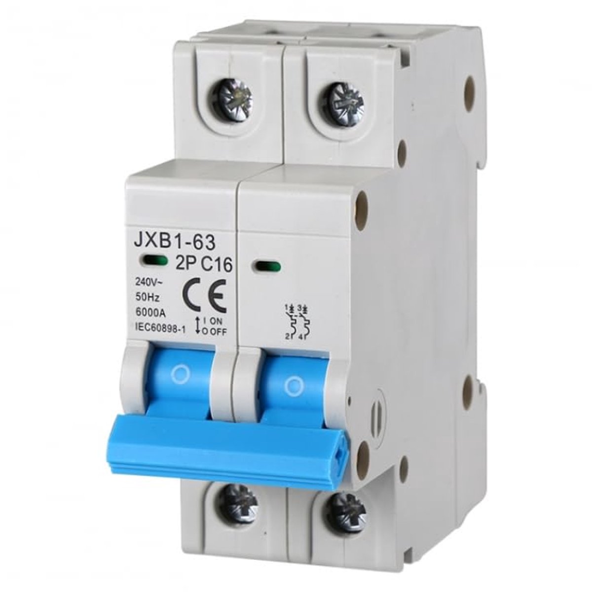 Automatische Zekering - Magneet Schakelaar - Elektrische Beveiliging - 2-Polig 16A 6KA - 2 Modules - Grijs