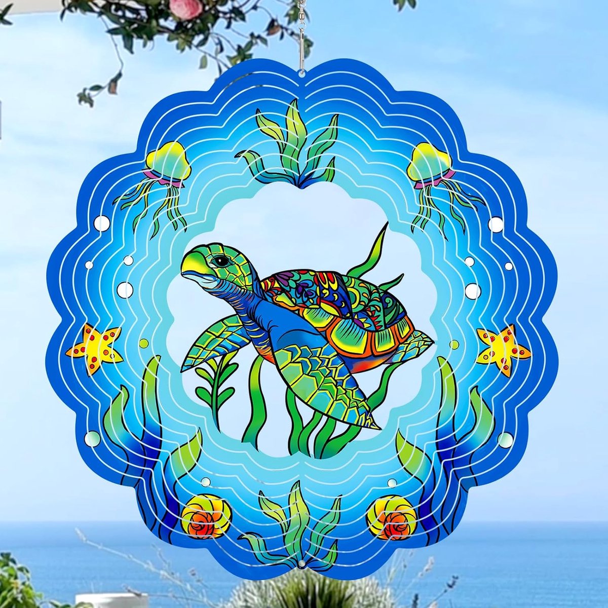 Zeeschildpad Windspinner - Hangend Ornament - Buiten Decoratie - 3D Kinetisch Metaal - 30.5cm - Kleurrijk