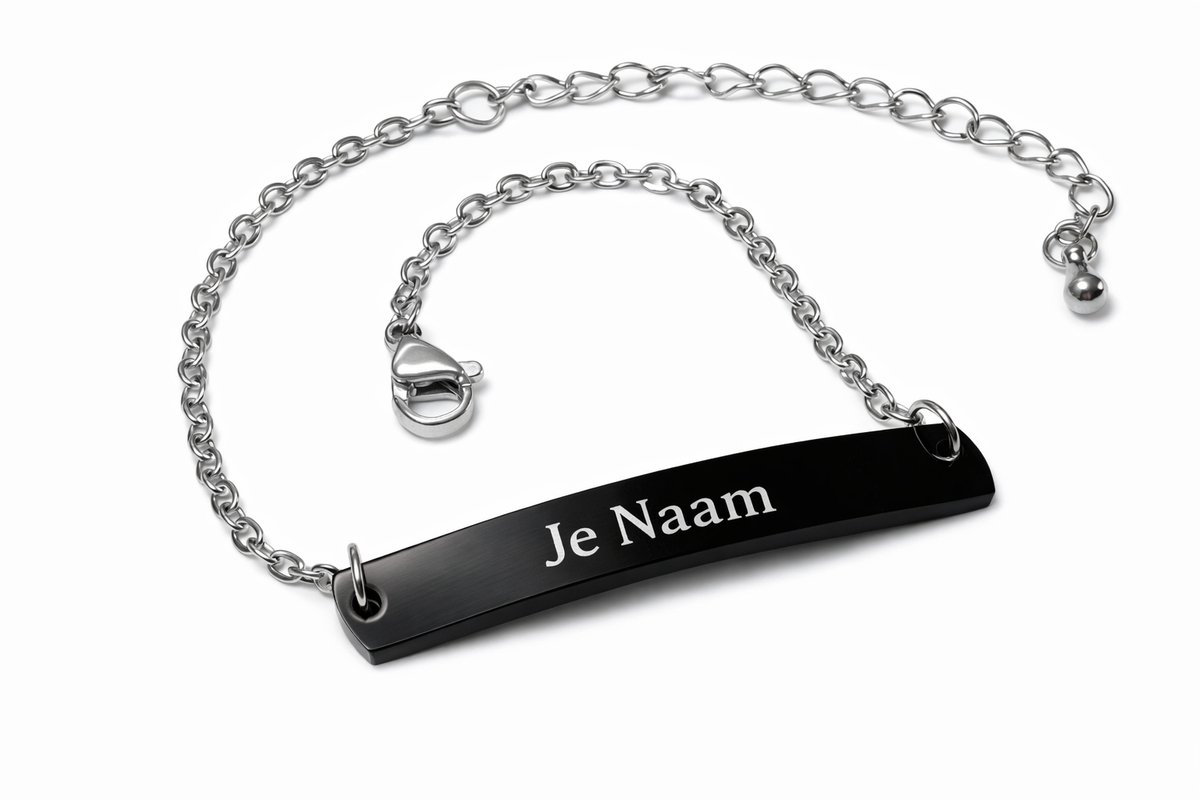 Armband met graveer, Armband met naam, Armband - gepersonaliseerd - met zwart gebogen naamplaatje - zilverkleurige ketting - verstelbaar, Armband met naamplaatje ,graveerarmband