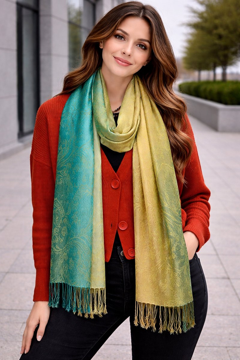 Pashmina Sjaal Dames – Luxe Paisley Sjaal – Zachte Warme Omslagdoek – Elegante Dames Sjaal met Franjes – Fijn geweven trendy Sjaal- Tweezijdige omslagdoek – Verkrijgbaar in Verschillende Kleuren 212/13- Goud met groen details