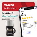 Cafetière Tomado TCM1201S, noire avec accents en acier inoxydable, avec verseuse en verre.