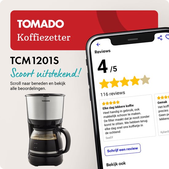 Cafetière Tomado TCM1201S, noire avec accents en acier inoxydable, avec verseuse en verre.