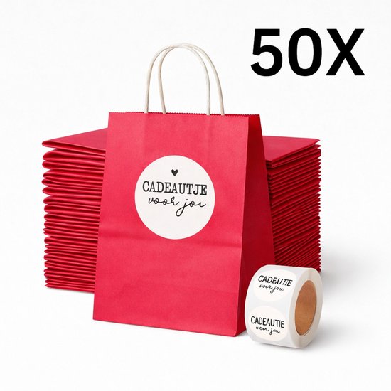 50 kleine papieren cadeautasjes roos 18x8x22 cm + witte stickers “Cadeautje voor jou” draagtassen Kraftpapier Met gedraaid handgrepen - Kraft Tasjes Met Handvat - Zakjes