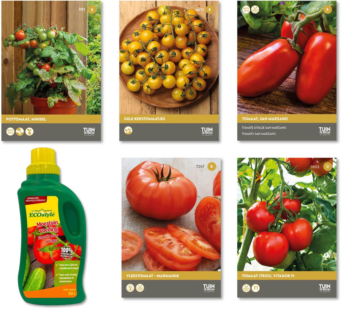 Tomaten Startpakket – 5 soorten tomatenzaden Tuin de Bruijn + natuurlijke moestuinvoeding