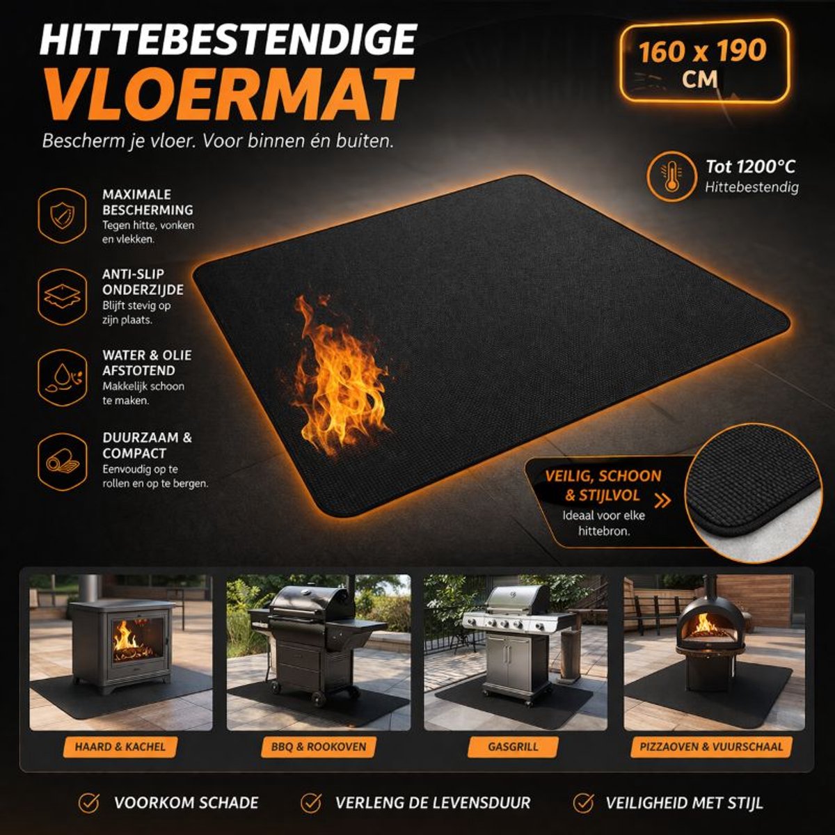 Ceruzo Hittebestendige Mat 160x90 cm – BBQ Vloermat – Vuurschaal Mat -Barbecue Mat