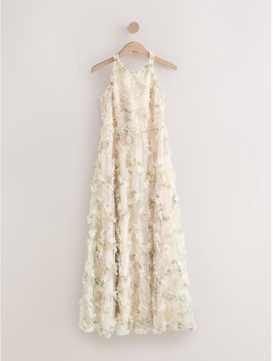 Next - Dames - Maxi Gelegenheidsjurk met Halterneck en Ruches - Petite - Crème