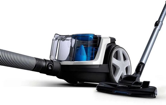 Aspirateur Philips PowerPro Compact avec manche et buse, debout sur fond blanc.