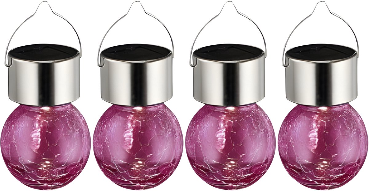 Sunnydays Solar sfeer hanglamp - 4x - tuin - lampenbol - roze - glas - 9 cm - ophang haakj
