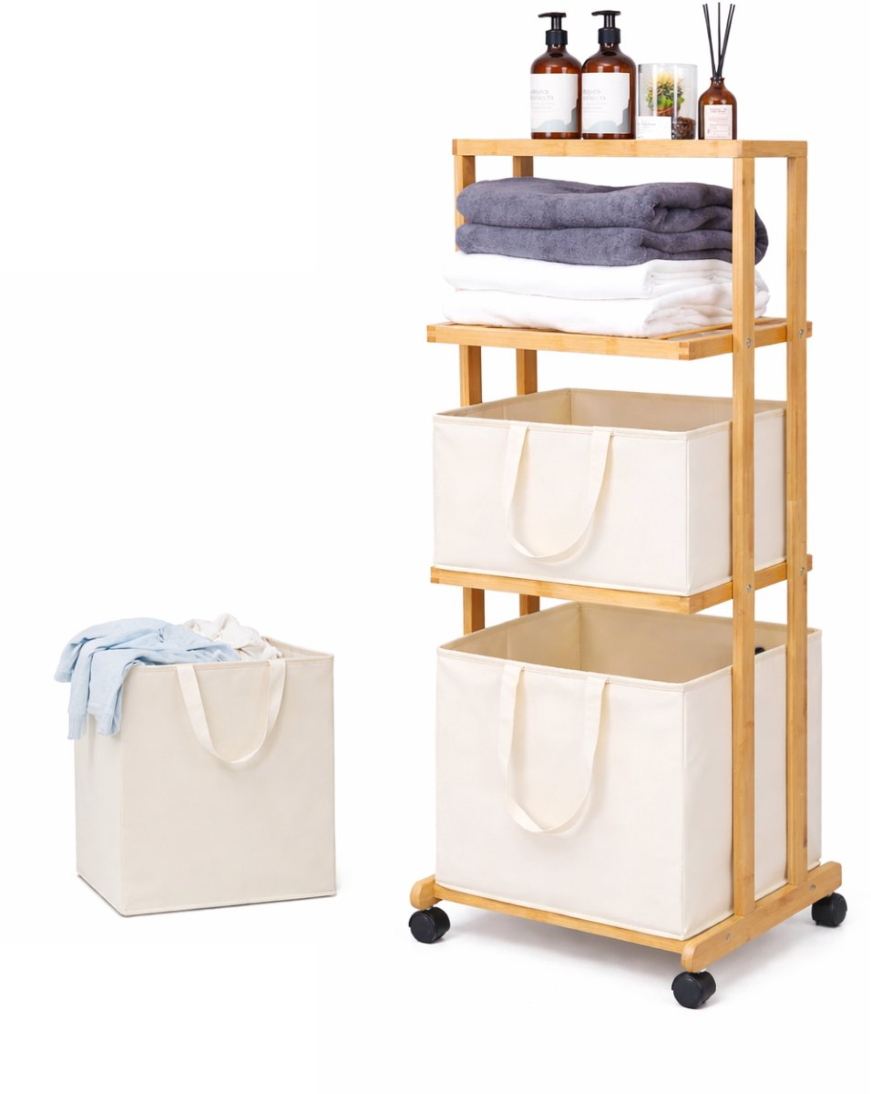 Eleganca Wassorteerder 3 Vakken - Wasmand - Met Wieltjes - H121 x L42 x B34 - Bamboe Naturel