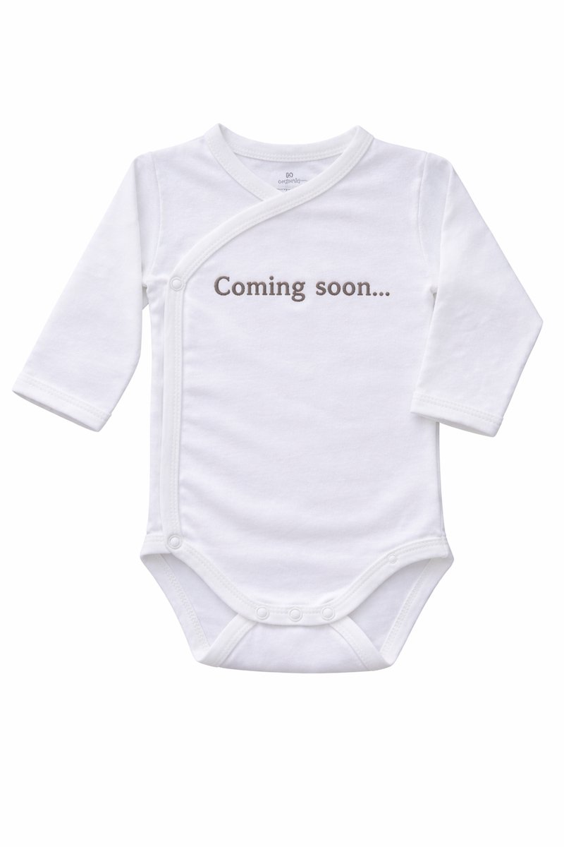 Omslag Romper Baby – Coming soon– Geborduurd – Newborn Cadeau – Unisex / Romper zwangerschapsaankondiging – Unisex babykleding - omslagromper - 100% katoen - baby aankondiging - originele zwangerschaps reveal