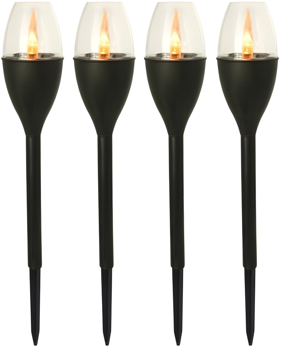Gerimport Tuinlamp - 4x - solar - LED licht - kunststof - H37 cm - zwart - grondpin - vlam effect
