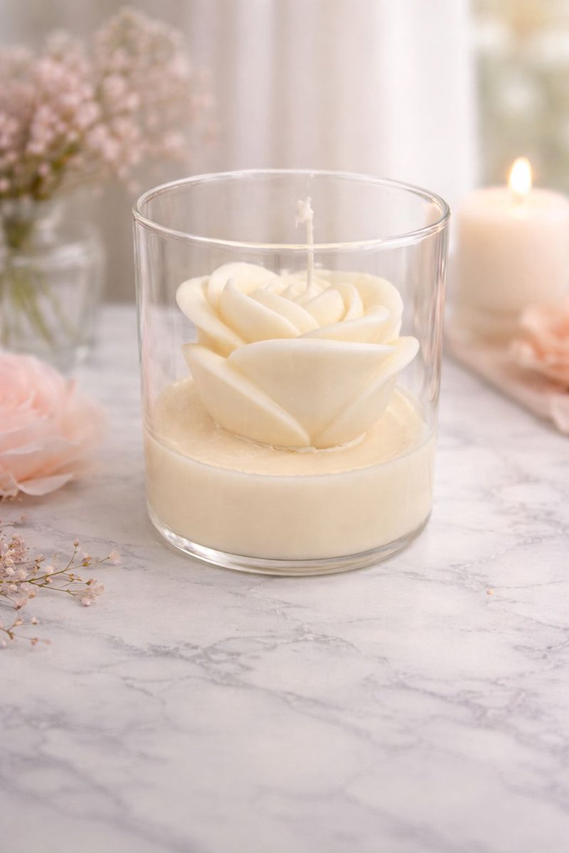 Lumen and Lux Candles Luxe Roos Kaars in Glas – Crème Wit – Handgemaakt & Romantisch – Bloemkaars Cadeau - Moederdag crème / Ivoor