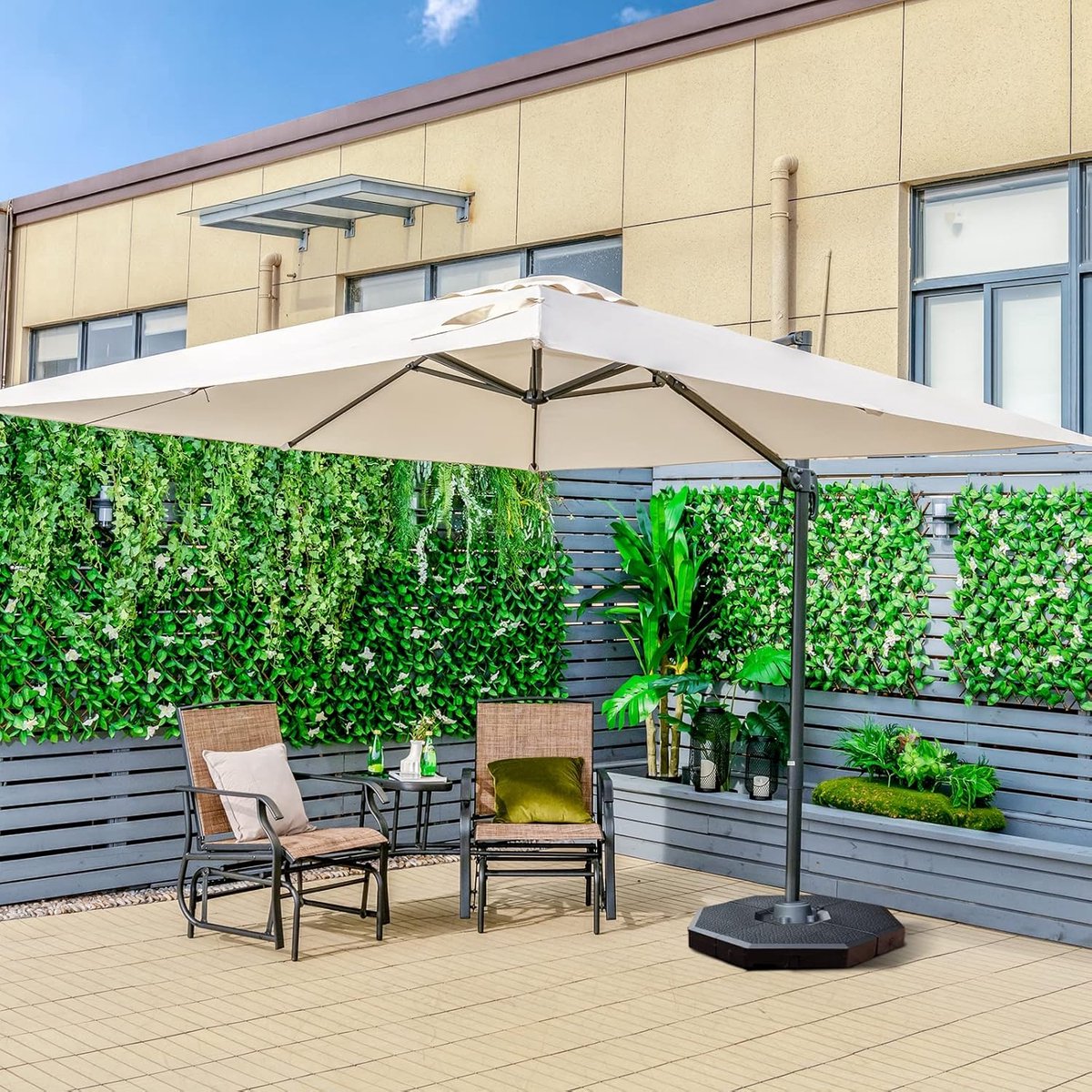Luxe Vierkante Zweefparasol 300 x 300 cm met 360° Rotatie en Traploze Kantelfunctie – UV-bestendig & Waterafstotend – Gepoedercoat Frame – Beige
