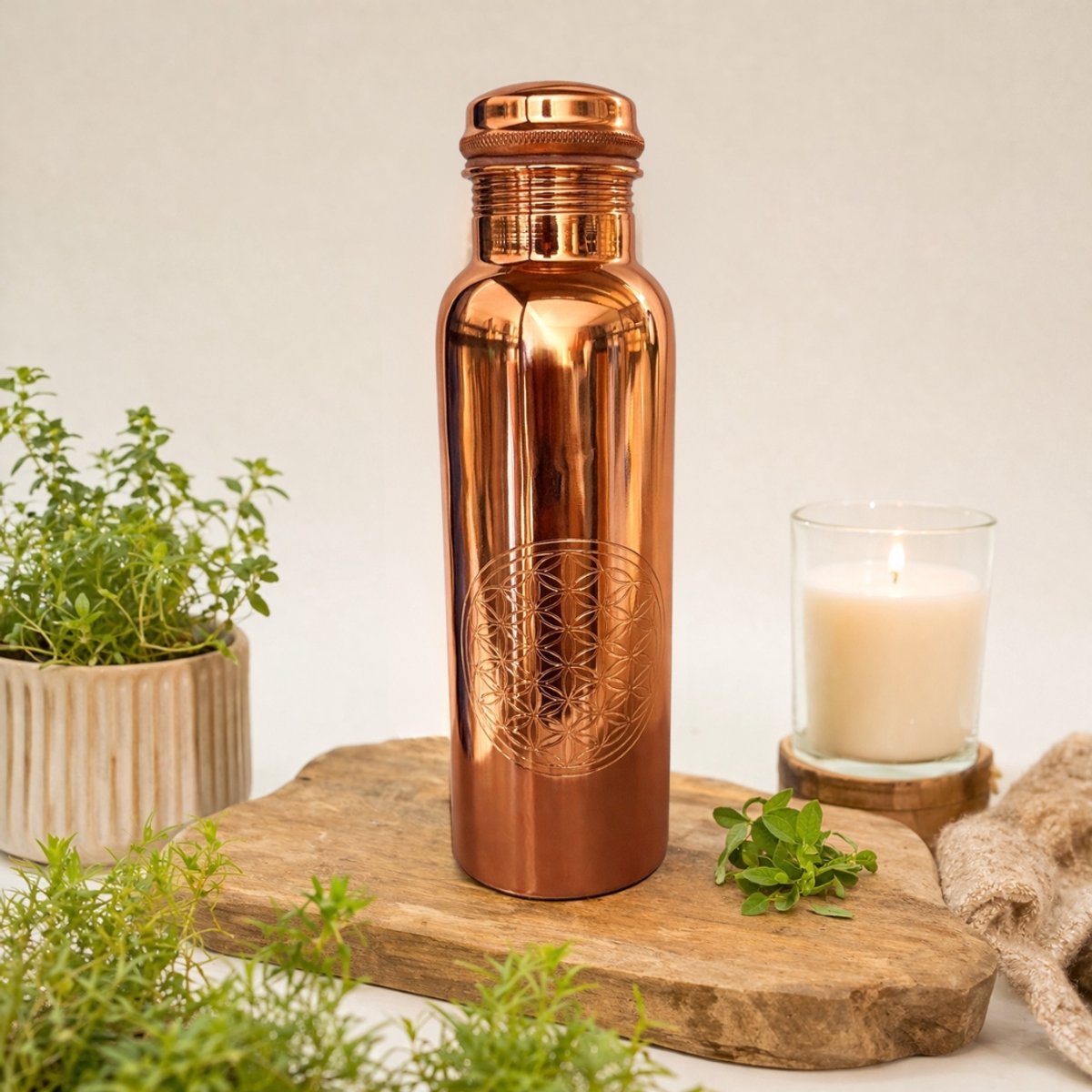 Puur koperen fles flower of life zijde finish 950 ml