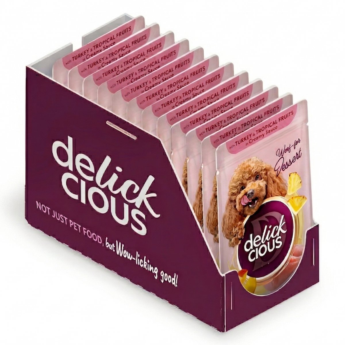 DELICKCIOUS volwassen honden natvoer vlokken met kalkoen en tropisch fruit in romige saus 12x80g