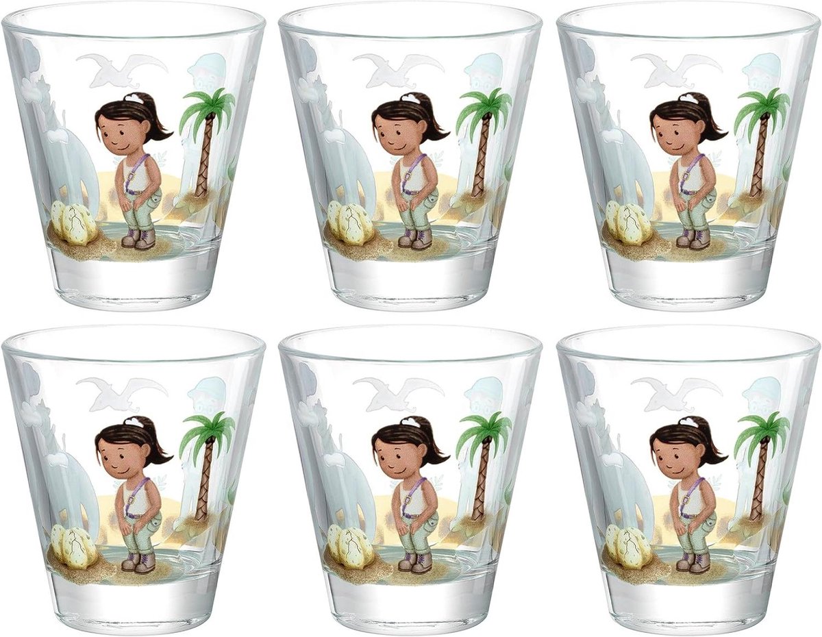 Leonardo Bambini Avventura Drinkbekerset 6-delig - kinderglazen met motief van hoogwaardig glas - maat S, inhoud 215 ml - vaatwasmachinebestendig, robuust - set van 6 met dino-motief