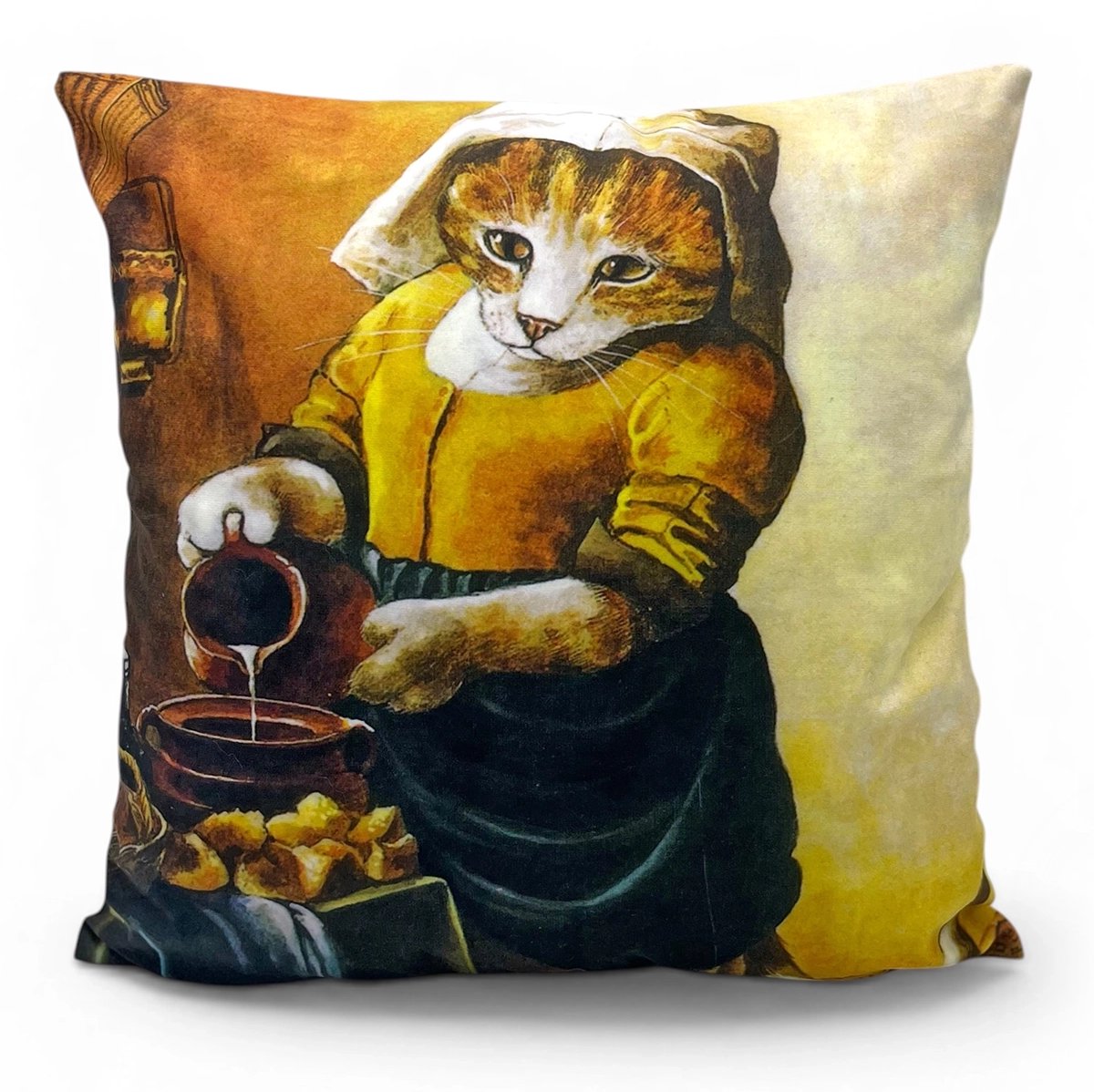 Sierkussen Kat - Katten Kussenhoes - Het Melkmeisje - 45 x 45 cm - Geel