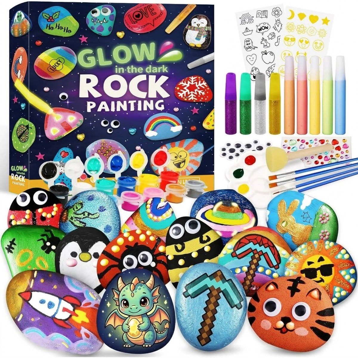 Happy Stone schilderset - 10 stenen met 12 kleuren - Knutselpakket - paascadeau