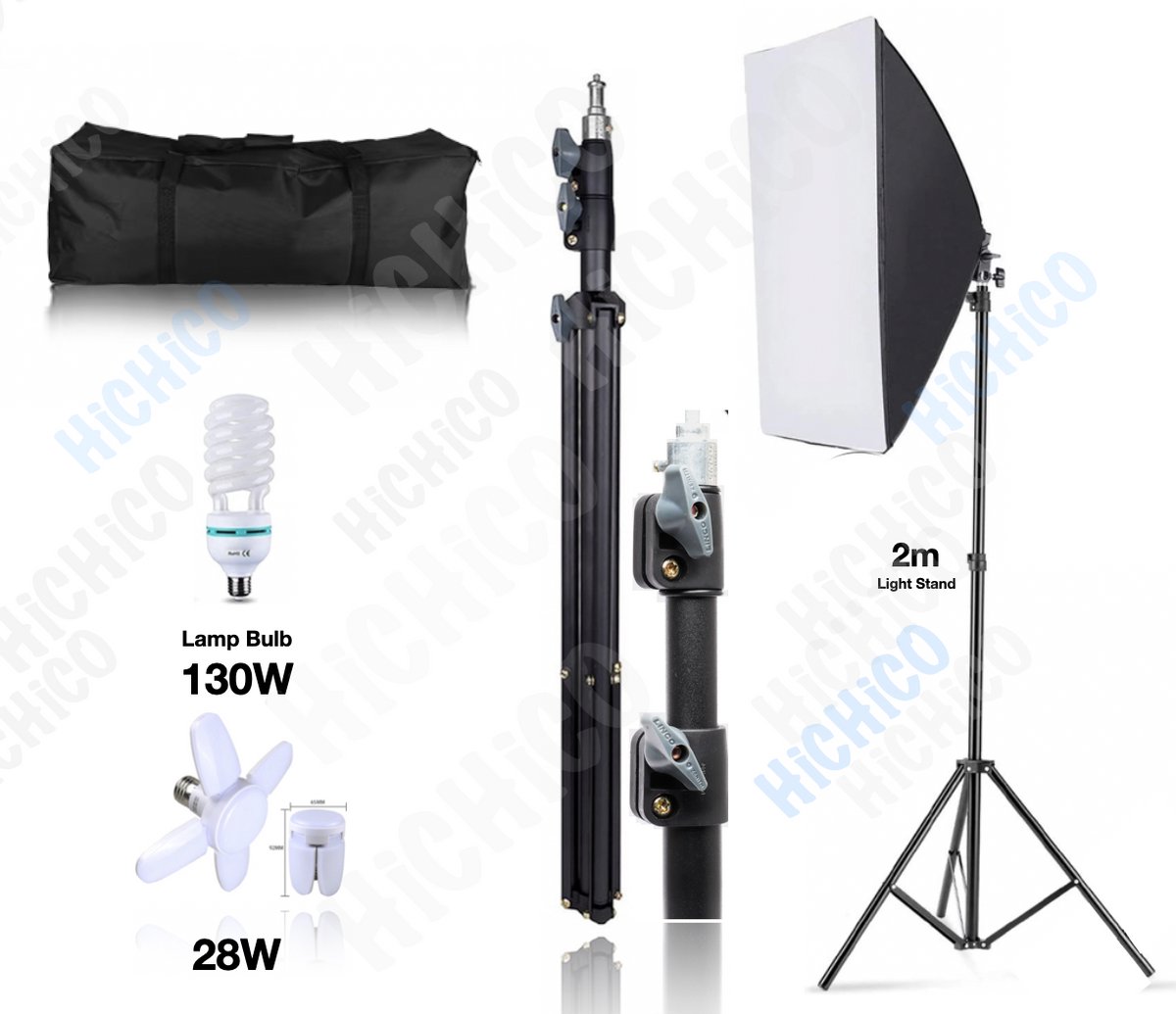 Softbox fotostudio set HiCHiCO® – Studioflitsers - Studiolampen - fotolamp fotografie softbox – Draagtas 70x45x45 – Lamp 130w en 28w en Professionele licht stand
