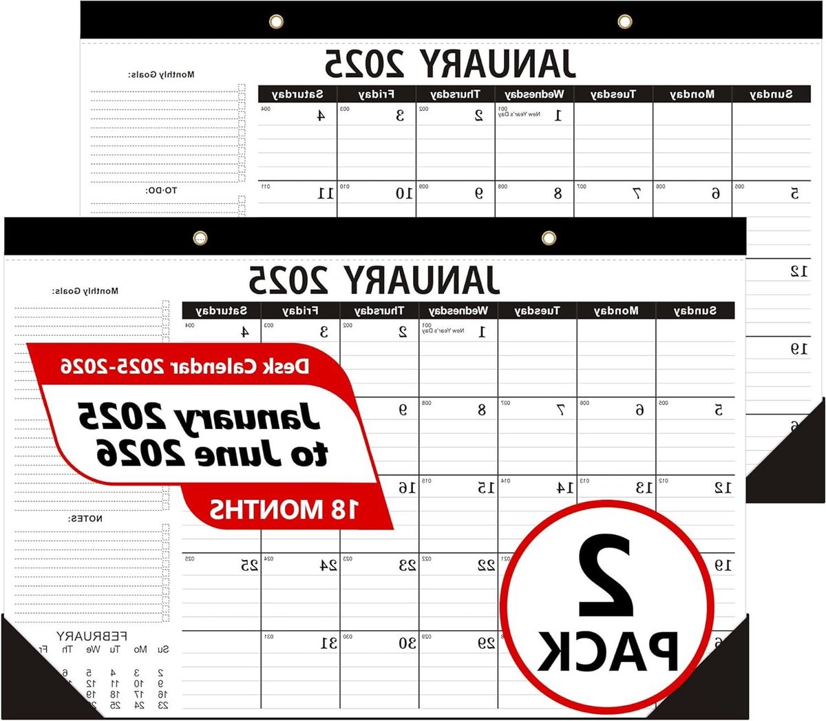 Bureaukalender 2025-2026 - 18 Maanden Kalender - Planning en Organisatie - Geperforeerde Pagina's - 43x30 cm - Zwart