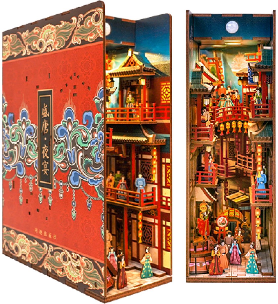 Tonecheer TQ111 The Banquet of Tang Dynasty Book Nook Bouwpakket | Miniatuur huisjes pakket modelbouw voor volwassenen | Houten 3D Puzzel | Woonkamer decoratie boekensteun | Bewegingssensor led lights verlichting | DIY boekenstandaard collectie