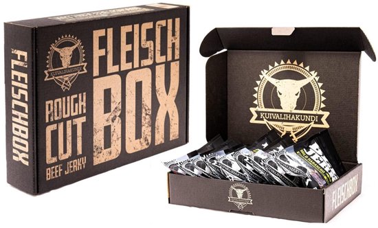Zwarte doos 'FLEISCH BOX ROUGH CUT BEEF JERKY' met open doos erin.