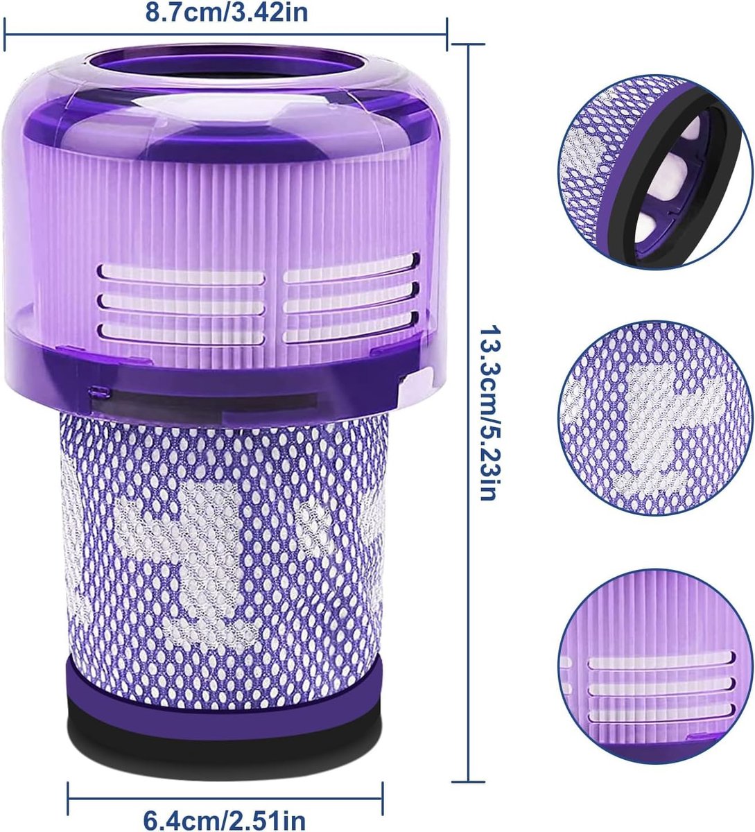 2-pack V12-filters - vervangingsfilters voor Dyson V12 Detect Slim Absolute Extra/Total Clean/Fluffy stofzuigers - SV34 - SV35 stofzuigers - wasbaar HEPA-filter met 1 borstel - onderdeelnummer 971517-01 thumbnail 2