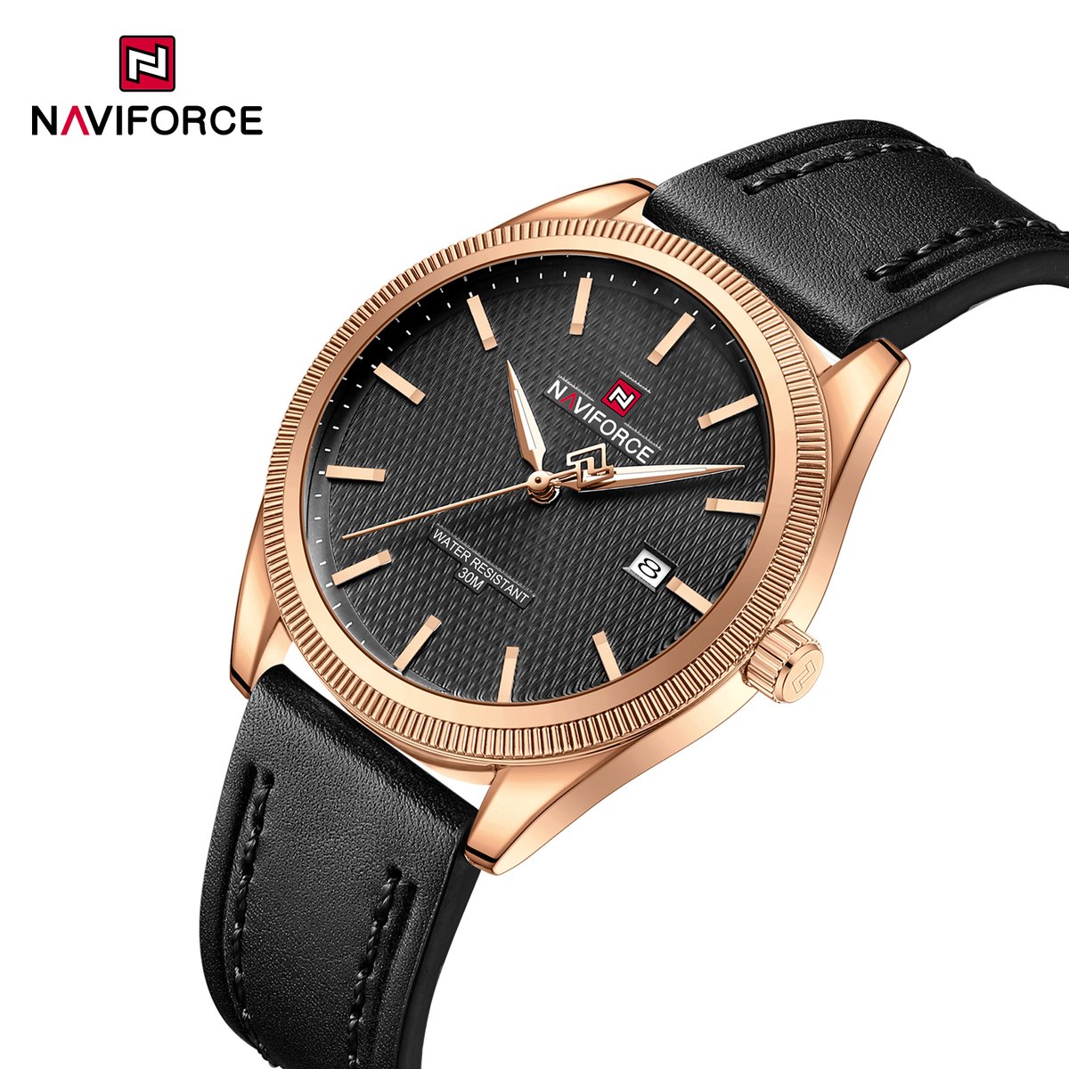NAVIFORCE horloge voor mannen, met zwarte lederen polsband, gouden uurwerkkast en zwarte wijzerplaat met gouden wijzers ( model 9276l RGBB )