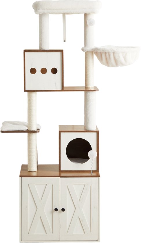 Griffoir haut beige avec des compartiments de jeu marron et blanc, un panier et une armoire.