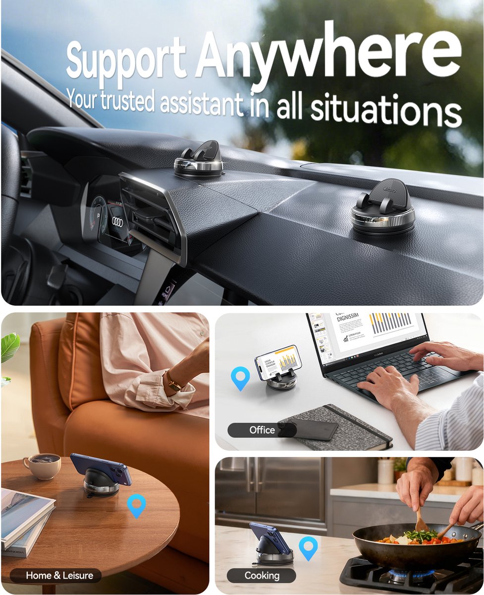 Dashboard Telefoonhouder Auto Caravan Bureau Keuken - 360° Draaibaar - Herbruikbaar - Zwart - Joyroom – foto 5