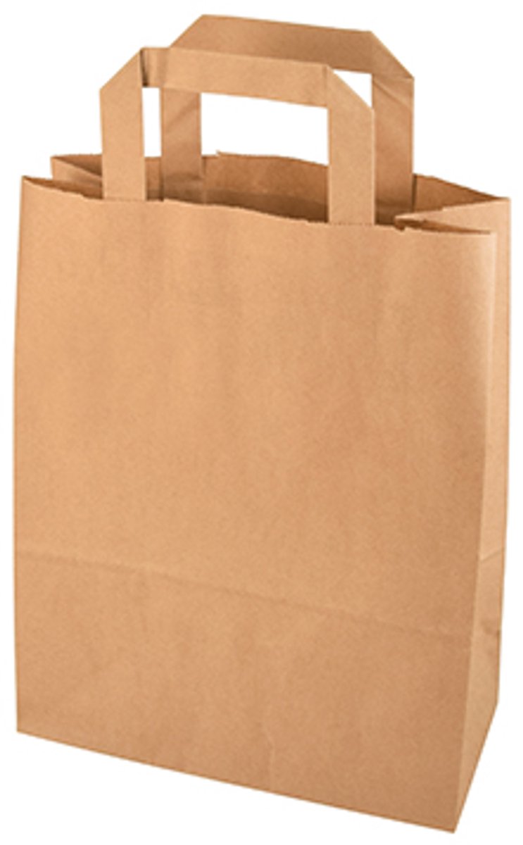 8x 50 Draagtassen papier 28 cm x 22 cm x 10 cm bruin met handvaten