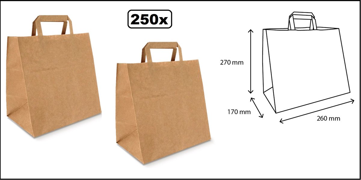 250 stuks Papieren tassen Middel kraft 26x17x27cm gerecycled