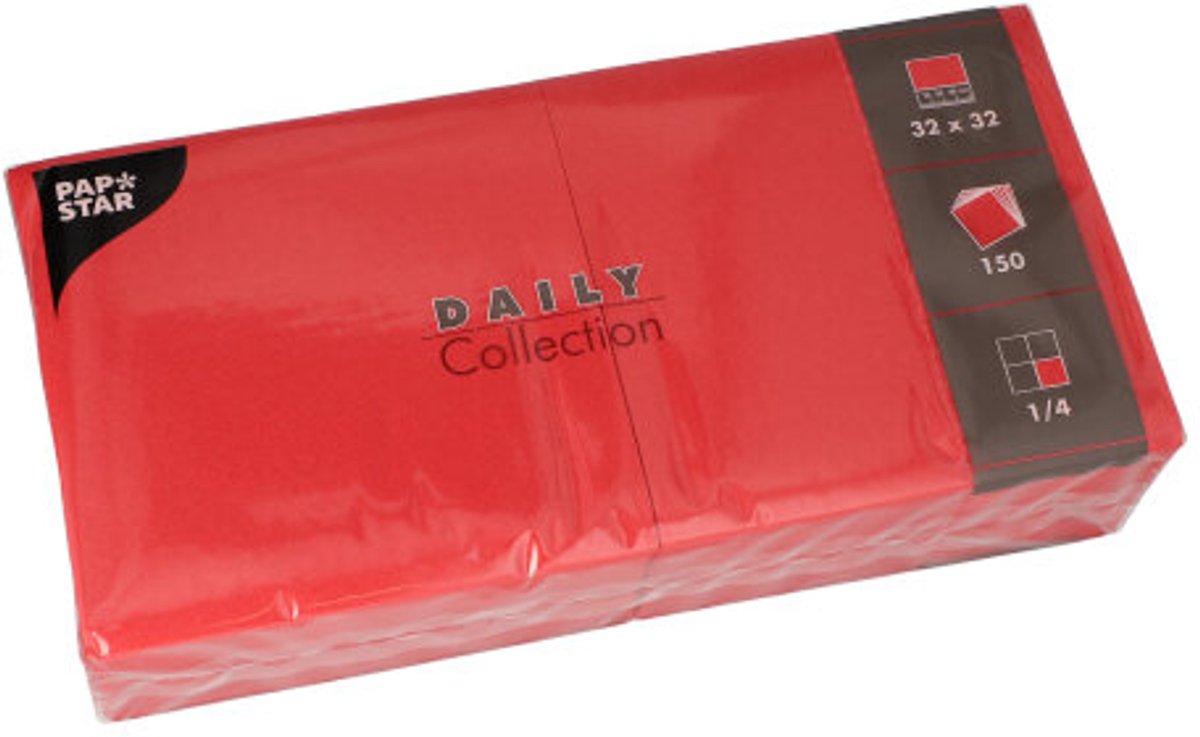 6x 150 Servetten DAILY Collection 1/4 vouw 32 cm x 32 cm rood