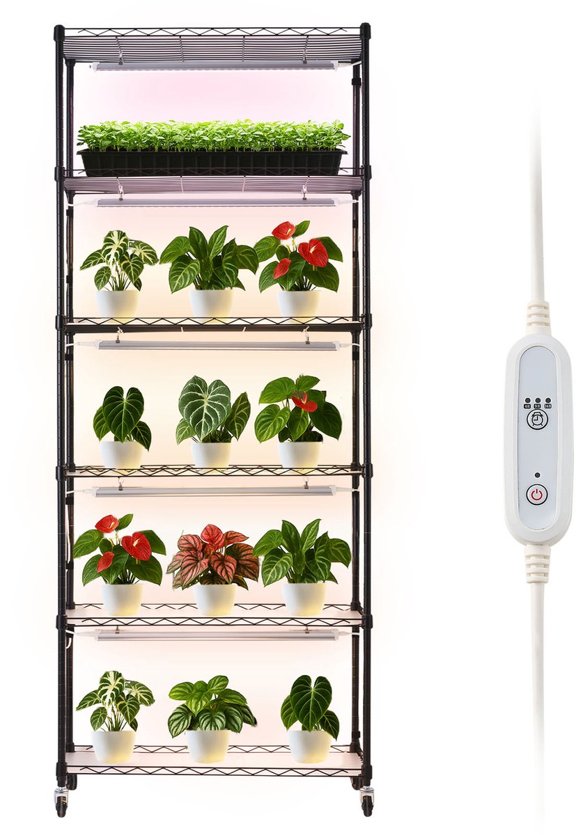 VEVOR Plantenrek met Kweeklamp, Plantenstandaard met 6 Lagen, Wielen en Timer van 4/9/14 Uur, 150W 3-kleuren Full Spectrum Lampen, Bloemenrek voor Zaaien, 75x35x180cm
