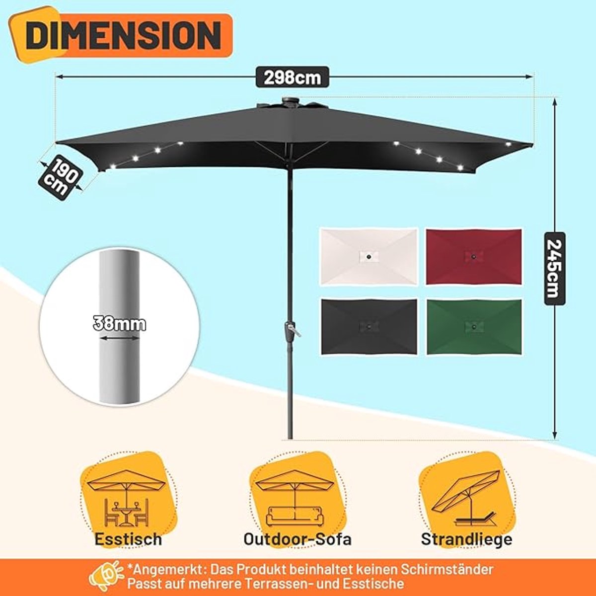 Parasol 200x300 cm met LED Solar – Bellavero Tuin- & Balkonparasol met Zwengel en 30° Kantelbaar – UV50+ Bescherming, Windbestendig, Zonder Voet – Antraciet