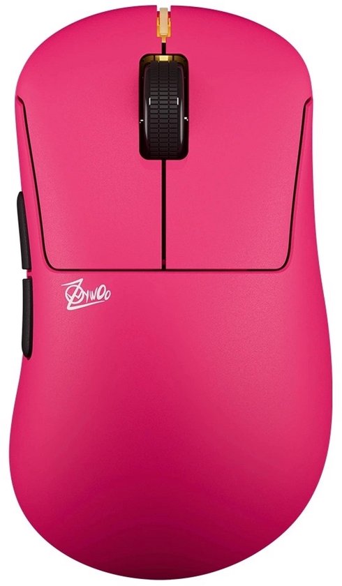 Roze draadloze computermuis met scrollwiel en twee knoppen, met logo aan de zijkant.