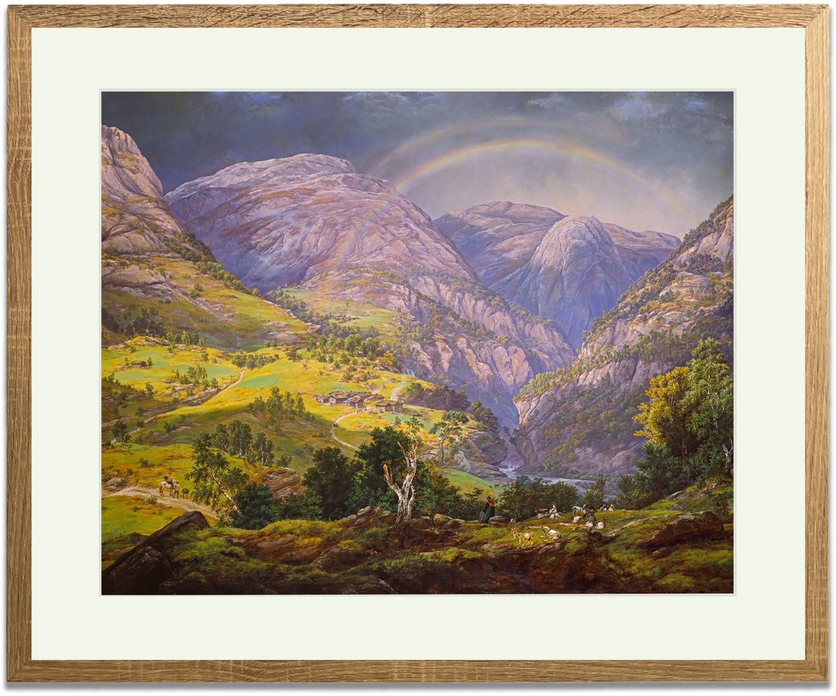 Uitzicht vanuit Stalheim (Johan Christian Dahl) - Ingelijste Muurkunst - 63x53cm lichtbruin frame - Glasplaat en Passe-partout - Museum kwaliteit print