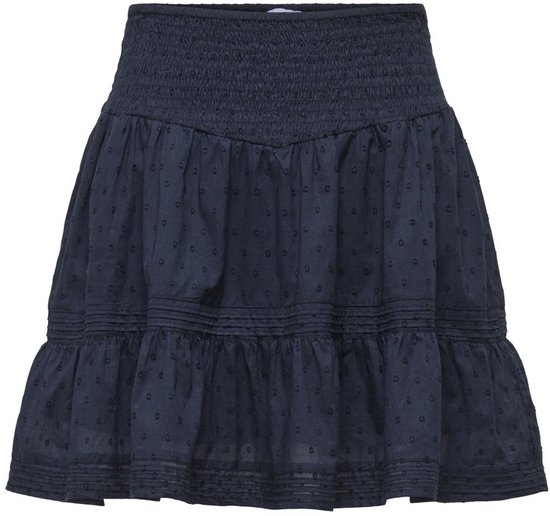Donkerblauwe korte rok met ruches en stipjes patroon. Elastische tailleband.