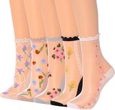 Elegante doorzichtige ruffle sokken met bloemenprint voor dames en meisjes - 5 paar in gemengde kleuren, maat één formaat