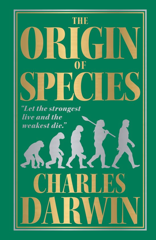 Boek "The Origin of Species" van Charles Darwin met gouden letters en evolutieafbeelding.