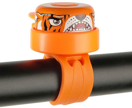 Oranje fietsbel met tijgerprint, voor op het stuur.