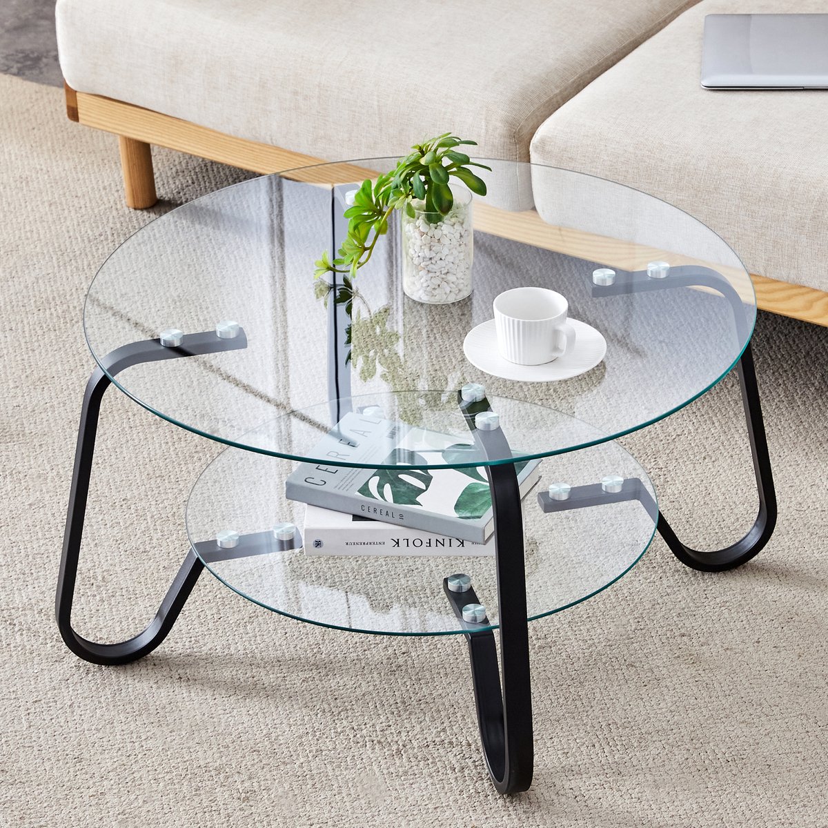 MODFU Salontafel - Rond Tweelaags - Industriële Stijl - Voor Woonkamer - Metaal En Veiligheidsglas - Zwart