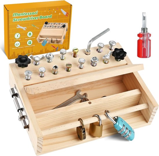 Jeu de tournevis Montessori - Jouet serrure et clé - Plateau de jeu pour enfants de 3, 4 et 5 ans - Kit d'outils pour enfants - Jouet STEM pour la maternelle, jouet éducatif pour la motricité fine