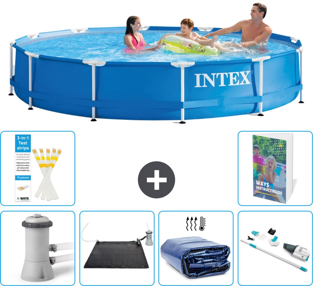 Intex Rond Frame Zwembad - 366 x 76 cm - Blauw - Inclusief Pomp Solar Mat - Solarzeil - Stofzuiger - 7-delig