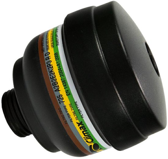 Zwart ABEK2Hg-P3 filter van Climax met groene, gele, bruine en grijze banden. Met tekst "Climax A2B2K2P3 RD".
